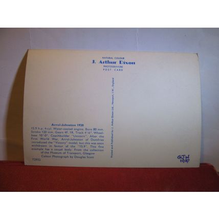 1920 ARROL-JOHNSTON, veteran car unused postcard dated 1967 J. Arthur Dixon #
