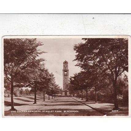 Cocker Memorial Stanley Park Blackpool Real Photo Postcard posted 1957 creased