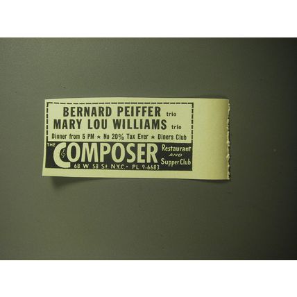 1958 The Composer Restaurant Ad - Bernard Peiffer trio Mary Lou Williams Trio