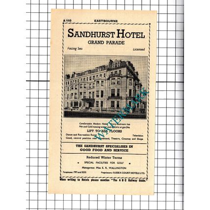Sandhurst Hotel Eastbourne / Cumberland Hotel Trollope Advert - 1958 Cutting