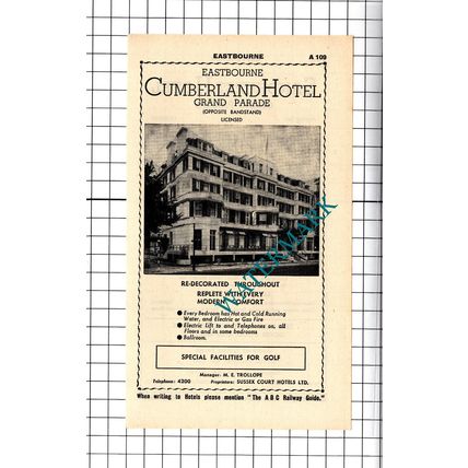 Sandhurst Hotel Eastbourne / Cumberland Hotel Trollope Advert - 1958 Cutting