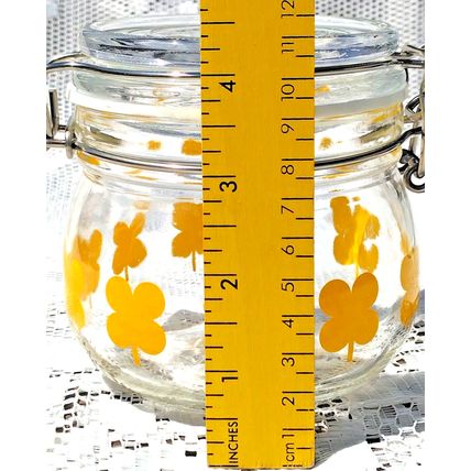 Vintage Ikea Sommar Clear Glass Storage Jar Yellow Clover Leaf Hinged Sealed Lid