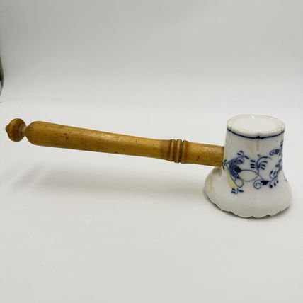 Antique Meissen Germany Blue Onion Meat Tenderizer with Wooden Handle Flaw
