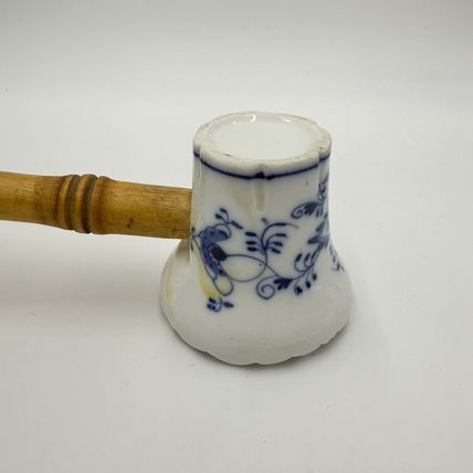 Antique Meissen Germany Blue Onion Meat Tenderizer with Wooden Handle Flaw