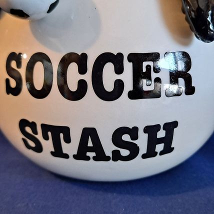 White Ceramic SOCCER STASH BANK Ball Savings Pot MONEY Jar CHARMS