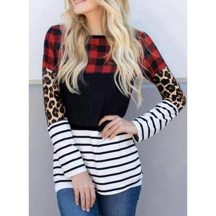 Plaid Print Leopard Splicing Striped Color Block Long Sleeve Top