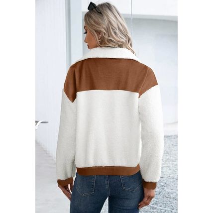 Chestnut Corduroy Color Block Contrast Patchwork Fuzzy Jacket
