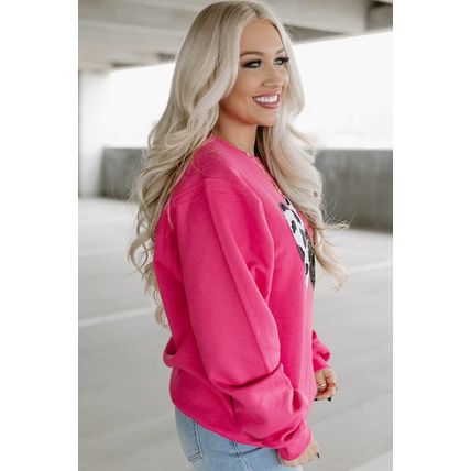 Strawberry Pink Cow & Sequin Double Heart Patch Graphic Sweatshirt