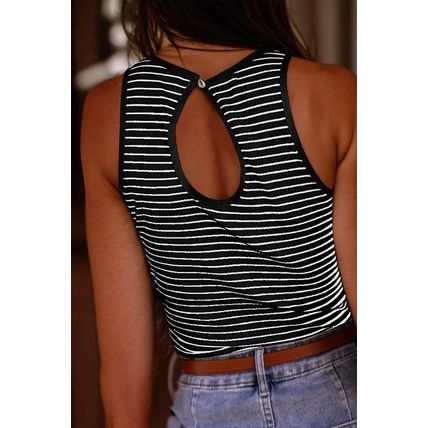 Black Striped Print Ribbed Knit Sleeveless Top
