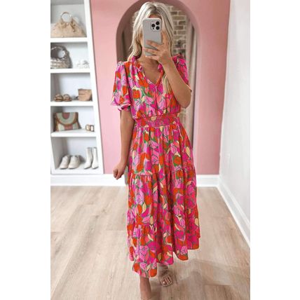 Rose Floral Short Sleeve Smocked Waist Maxi dress
