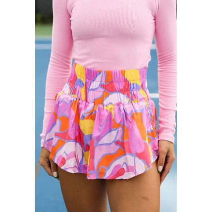 Purple Abstract Print Smock Waist Casual Shorts