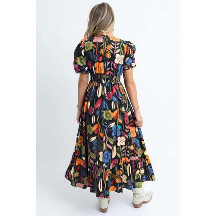 Black Retro Floral Printed Split Neck Maxi Dress