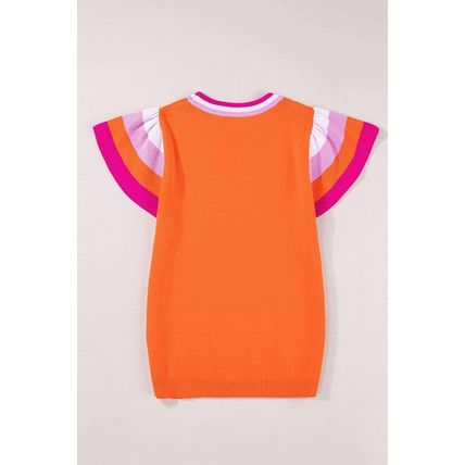 Carrot Contrast Flutter Sleeves Knitted Sweater T Shirt