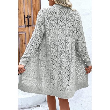 Gray Hollow Out Buttons Front Long Cardigan