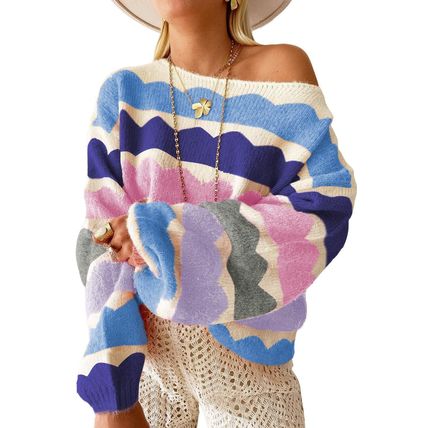 Dark Blue Wave Striped Balloon Sleeve Drop Shoulder Sweater