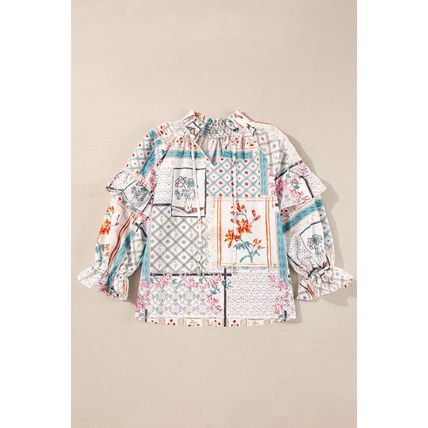 Multicolour Boho Floral Patched Ruffled Sleeve Tied Neck Blouse