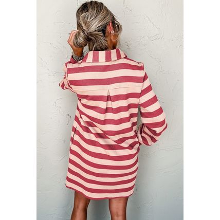 Pink Stripe Collared V Neck Long Sleeve Loose Casual Dress
