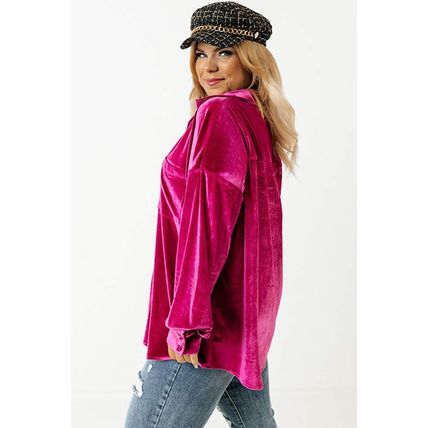 Bright Pink Plus Size Velvet Chest Pocket Drop Shoulder Shirt
