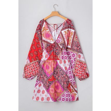 Rose Mixed Floral Long Sleeve V Neck Lace-up Hollowed Back Plus Size Dress