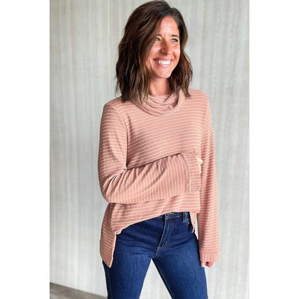 Pink Stripe Cowl Neck Side Slits Loose Fit Long Sleeve Top