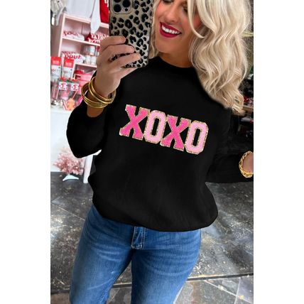 Black XOXO Glitter Print Round Neck Casual Sweater
