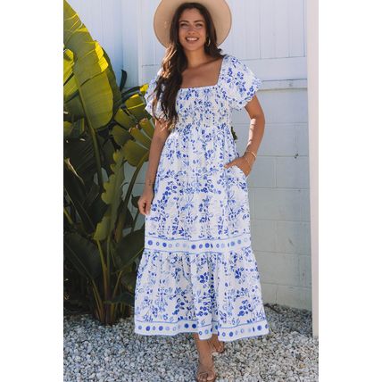 Sky Blue Floral Print Square Neck Bubble Sleeve High Waist Maxi Dress