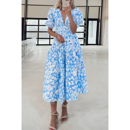 Sky Blue Floral V Neck Puff Short Sleeve Flowy Long Dress