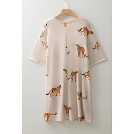 Apricot Plus Size Cheetah Print Side Pockets T Shirt Mini Dress