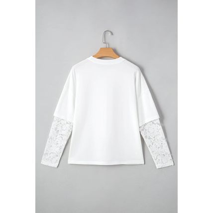 White Lace Long Sleeve Insert Drop Shoulder Tee