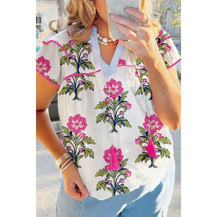 Rose Vintage Floral Print Contrast Notched V Neck Plus Size Summer Blouse