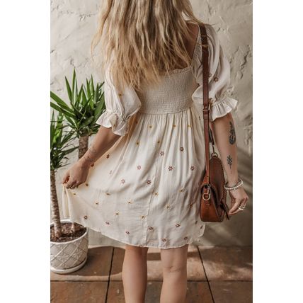 Beige Embroidered Flower Smocked Bust Half Puff Sleeve Empire Waist Textured Flo