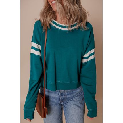 Blackish Green Contrast Striped Patchwork Round Neck Drop Shoulder Sweatshirt