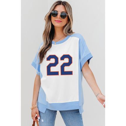 Sky Blue Number 22 Printed Color Block T Shirt