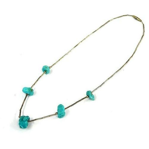 Vintage Sterling Silver Native Turquoise Bead Liquid Silver Necklace