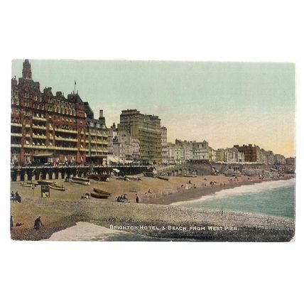 BRIGHTON HOTEL & BEACH from West Pier, SUSSEX used antique postcard 1911 pm =