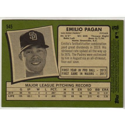 2020 Heritage High Number baseball card 545 Emilio Pagan - San Diego Padres