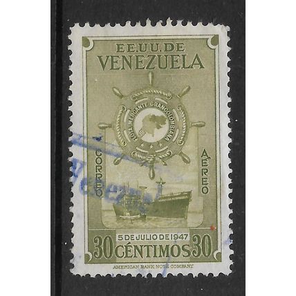 VENEZUELA 1948 30c OLIVE MERCHANT MARINE FREIGHTER SG 796 FINE USED#