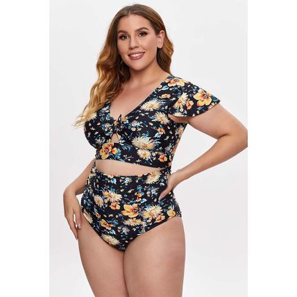 Plus Size Flutter Cap Sleeve Floral High Waist Bikini