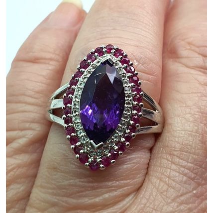 3.7ct Amethyst Burmese Ruby White Topaz Ring Size P½ Rhodium Overlay 925 Silver