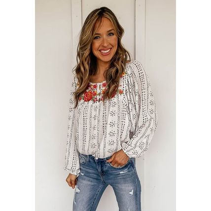 Beige Long Sleeve Embroidered Print Blouse