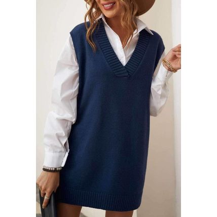 Dark Blue Knit Vest Pullover Sweater