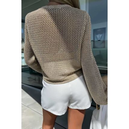 Khaki Hollow-out Knit Long Sleeve Top
