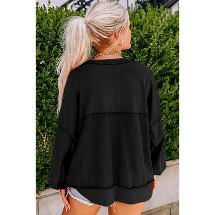 Black Drop Shoulder Henley Buttons Sweatshirt