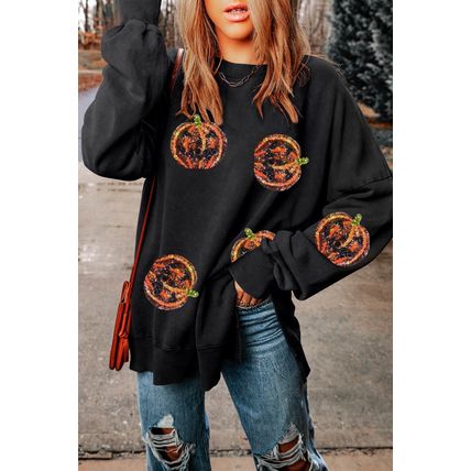 Black Sequined Jack O Lantern Split Hem Baggy Sweatshirt