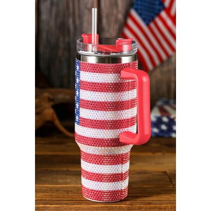 Red Rhinestone American Flag Print Handled 40oz Thermos Tumbler