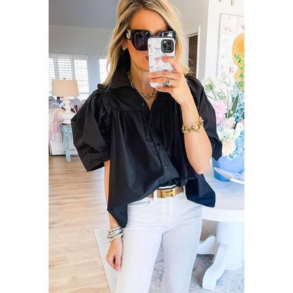 Black Crisp Puff Sleeve Loose Shirt