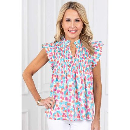 Sky Blue Shirred Yoke Ruffled Abstract Printed Blouse