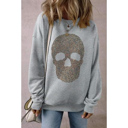 Light Grey Rhinestone Skull Graphic Drop Shoulder Sweatshirt