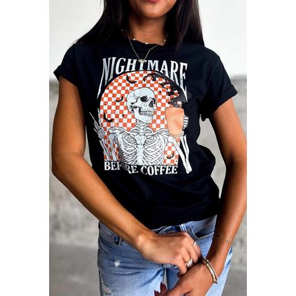 Black Nightmare Before Coffee Skull Checkerboard Graphic Halloween Tee