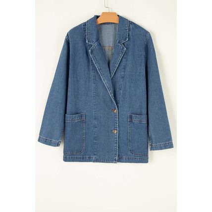 Sail Blue Side Pockets Lapel Collar Denim Jacket